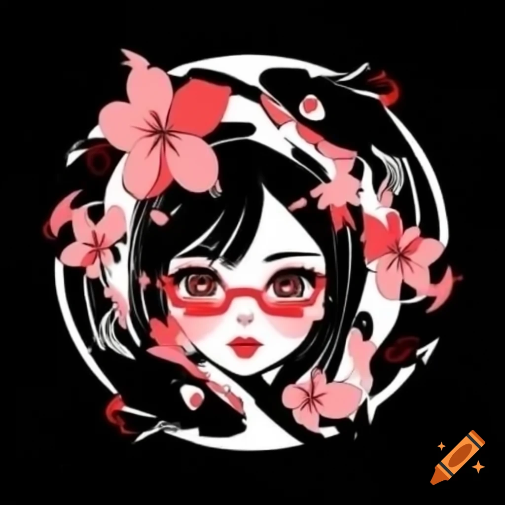 Japanese girl logo featuring Sakura flowers and koi fish
