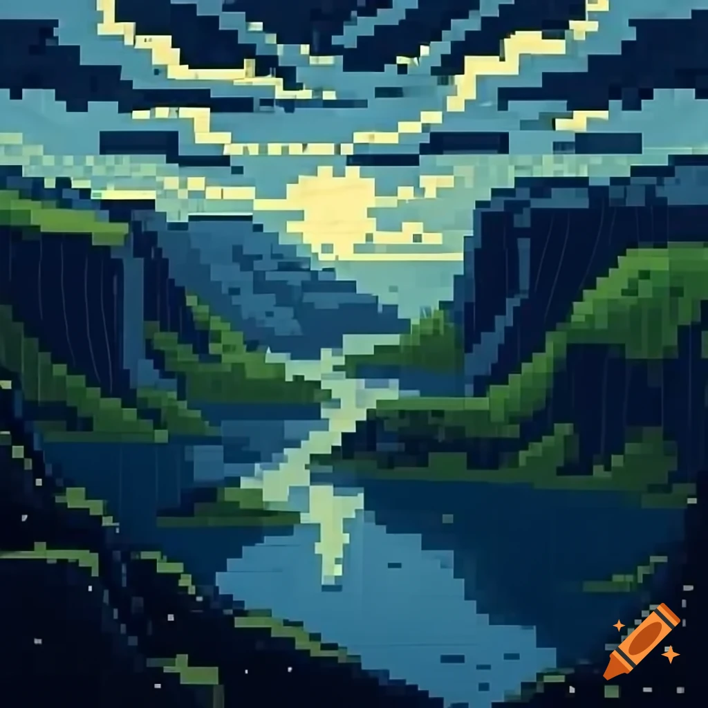 Pixel art of deep fjord with rain and dark clouds, sun rays