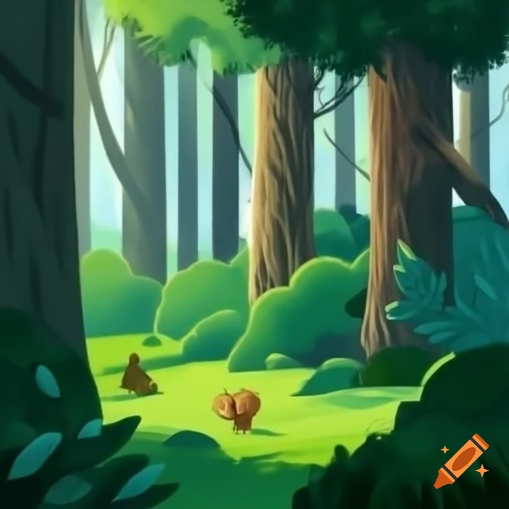 Bear walking along forest path with sunlight streaming through trees