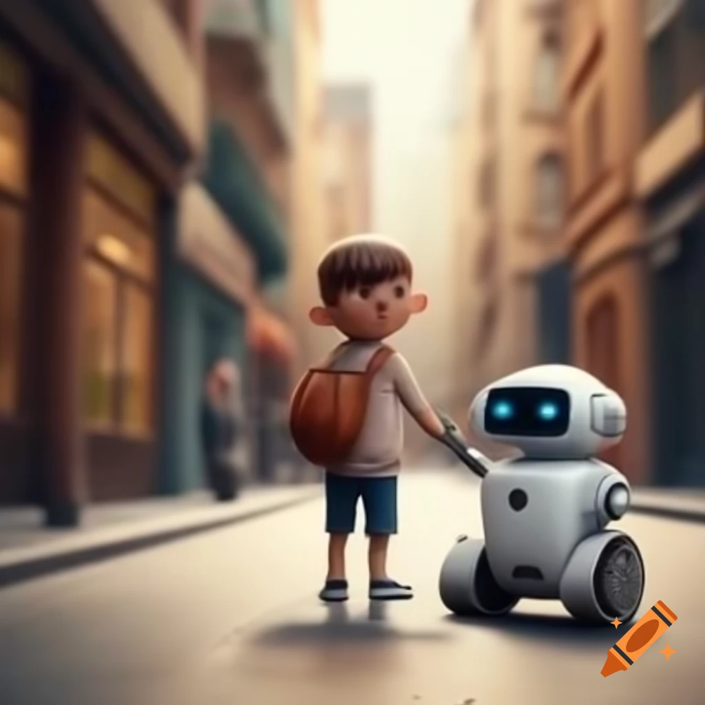Futuristic cityscape featuring AI robots providing various public services