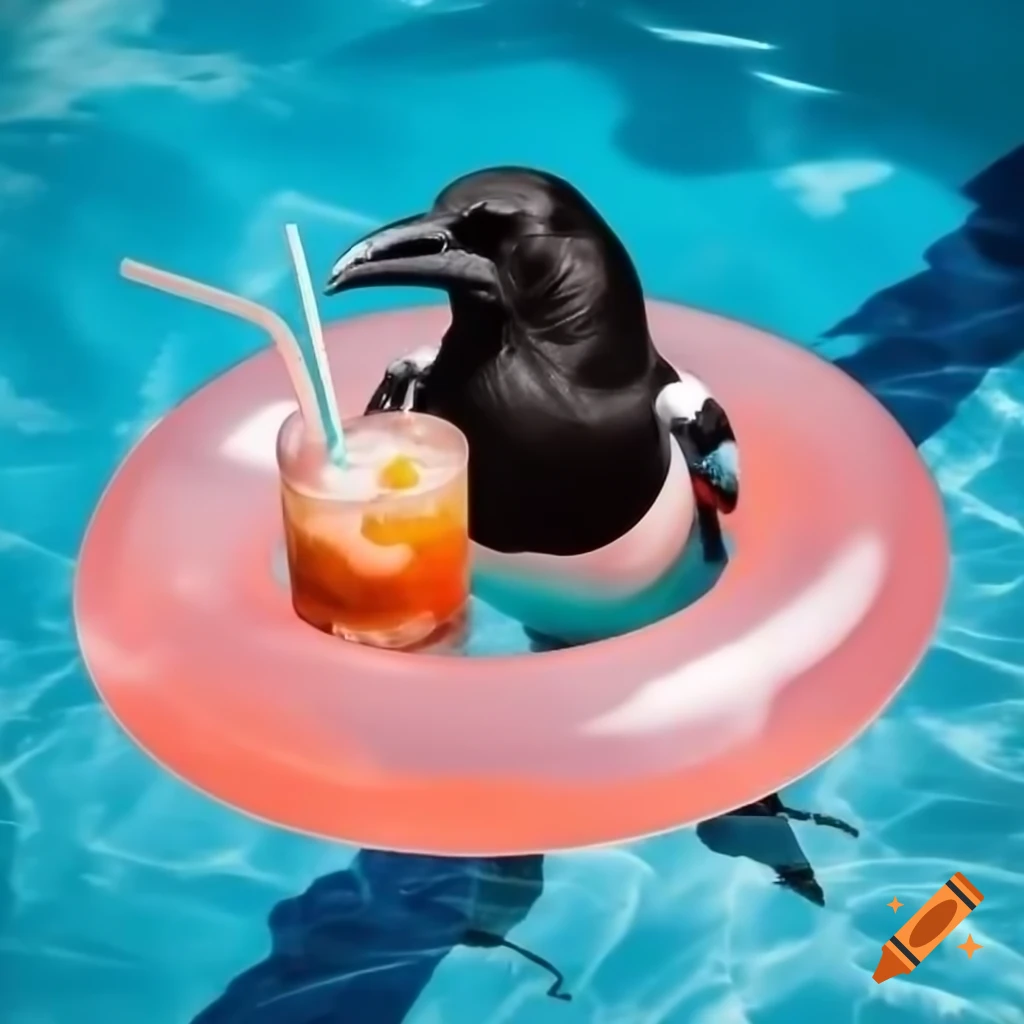 Magpie relaxing in swimming ring, sipping cocktail in pool