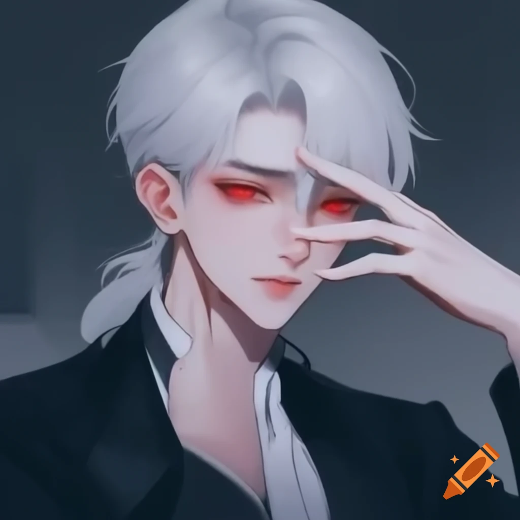 Young man with chin-length white hair and red eyes, frontal view