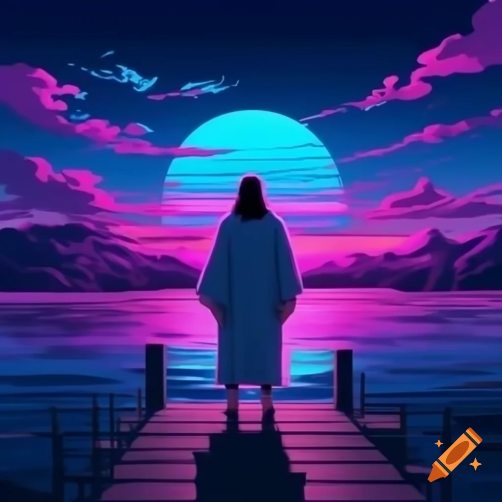 Vaporwave style artwork featuring anime Jesus by the waterfront