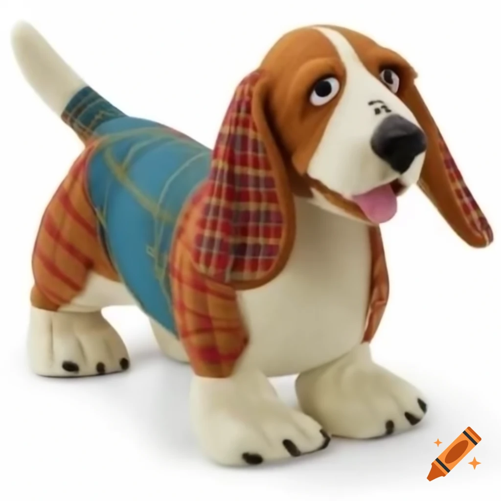 Bipedal Sesame Street basset hound puppet with plaid patterned ears
