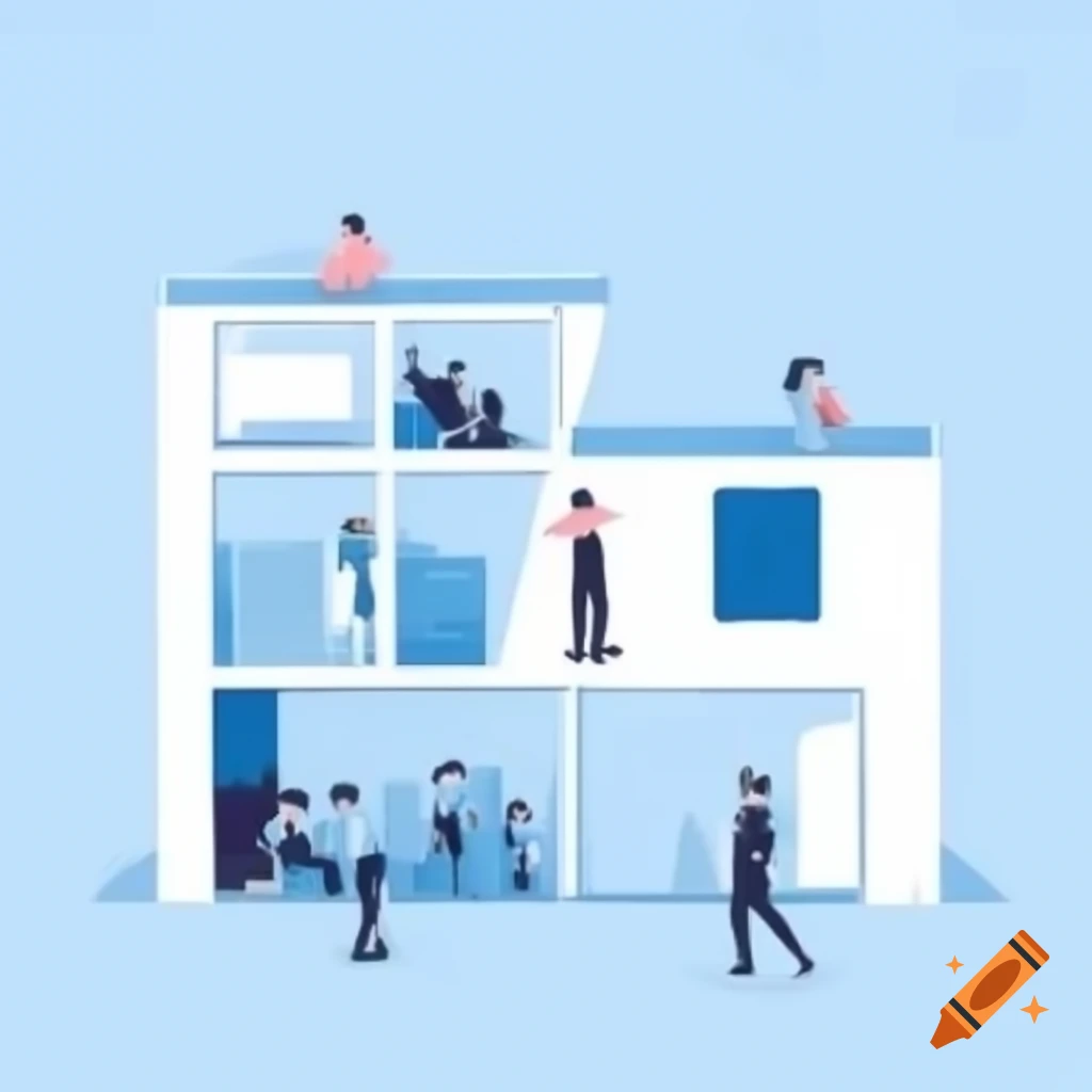 Illustration of building with open windows showcasing diverse people on ...