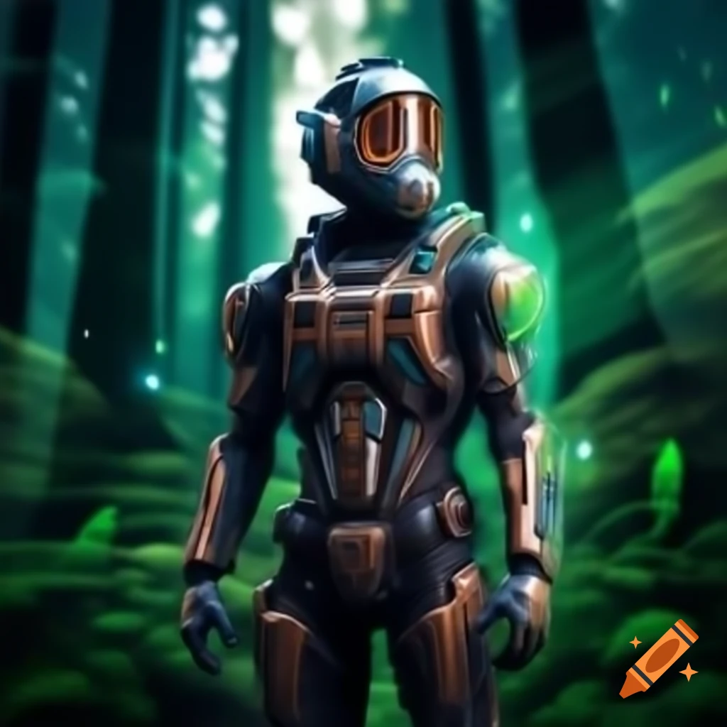 Futuristic climate engineer in high-tech suit analyzing data in green forest
