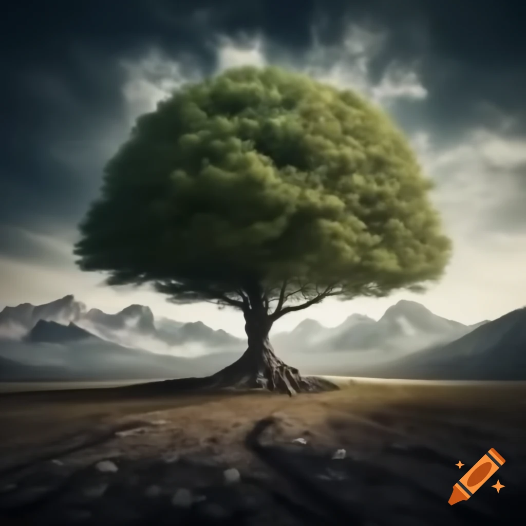 Tree with mountains in the background on Craiyon