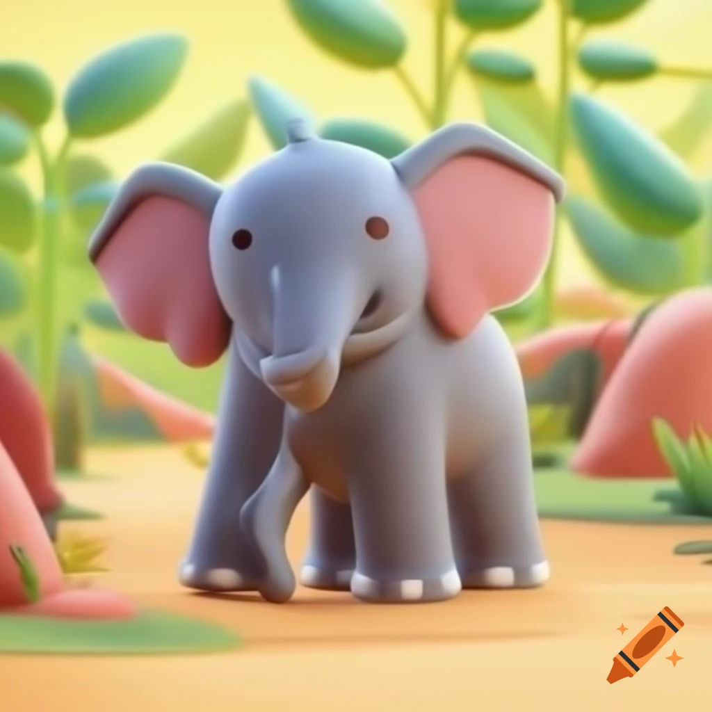 Cartoon of Emily the Elephant with grey skin and brown eyes