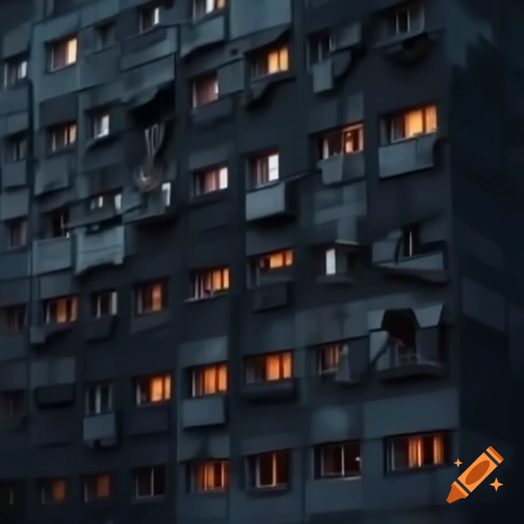 Dark grunge aesthetic Soviet block building at night with broken windows