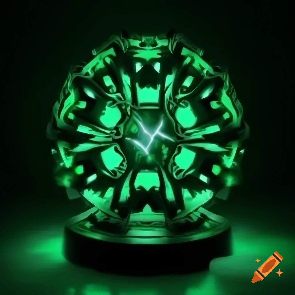 3D-rendered black sphere with mirror-like sheen and glowing neon green 'X'