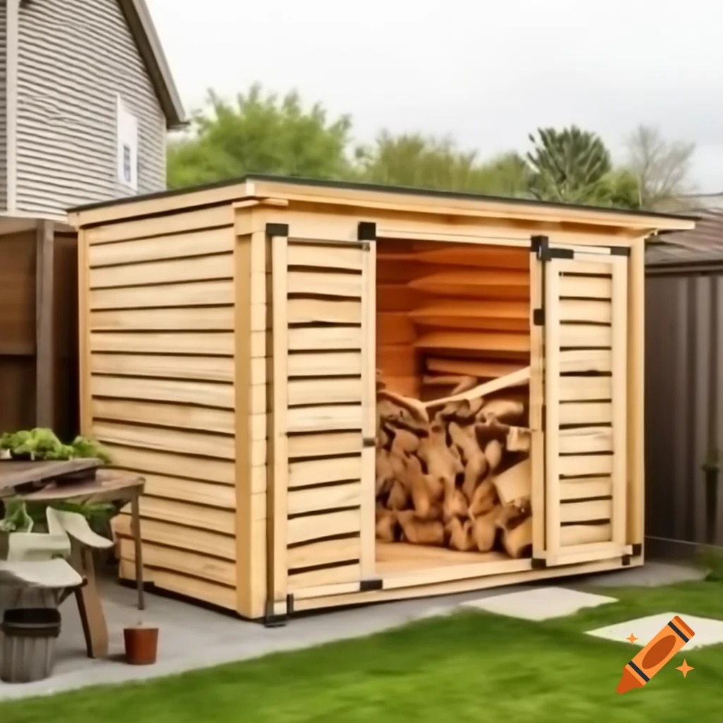 Timber firewood shed in backyard