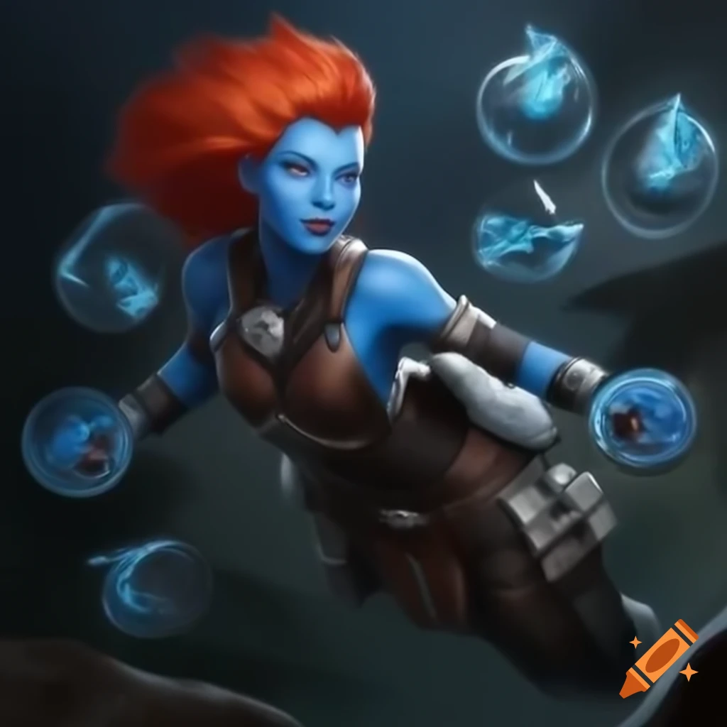 Blue skinned, red haired female in leather armor with magical powers and floating glass shards