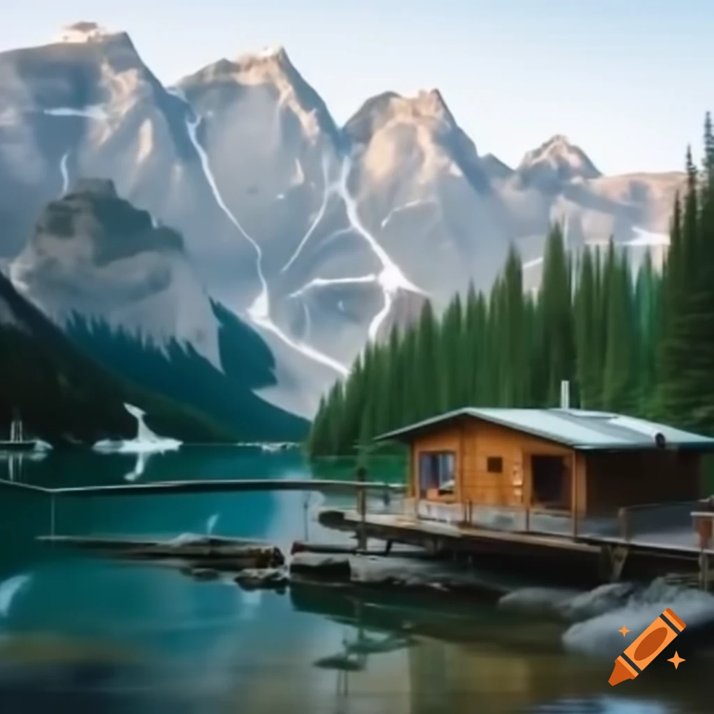 Cozy cabin in the mountains near a serene lake on Craiyon