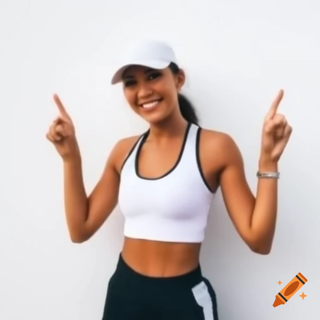 Sporty woman smiling and pointing at camera on white background, TikTok ...