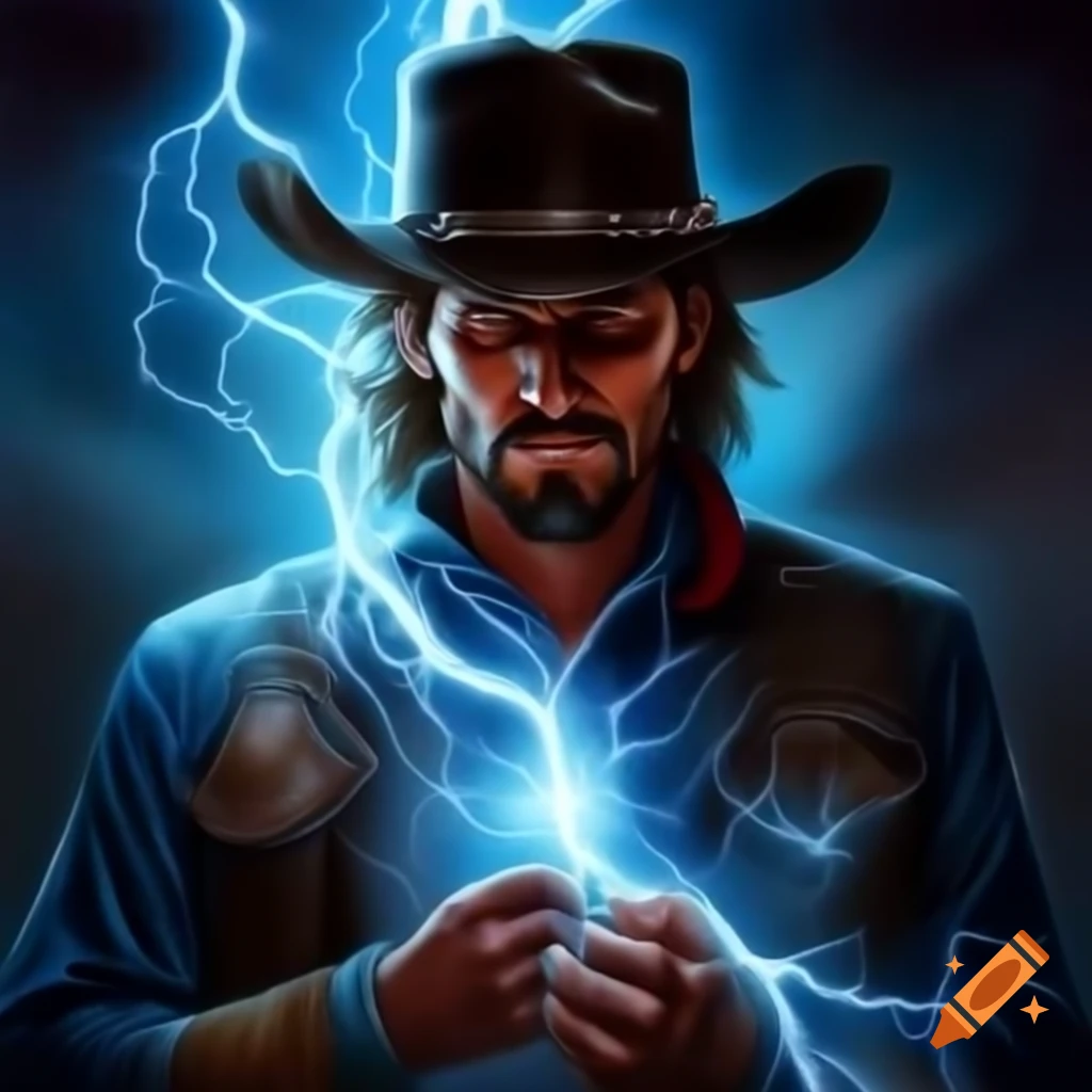 Cowboy wielding lightning lasso with blue electric aura