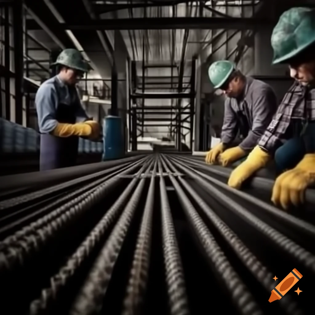 Workers in steel factory producing structural and alloy rebar with energy symbols