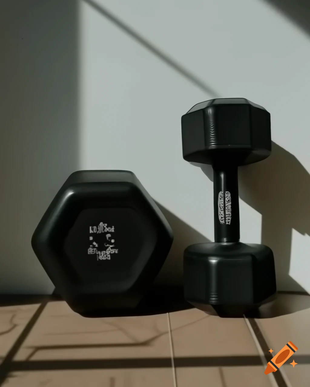 Used black plastic dumbbells on wooden floor near white wall