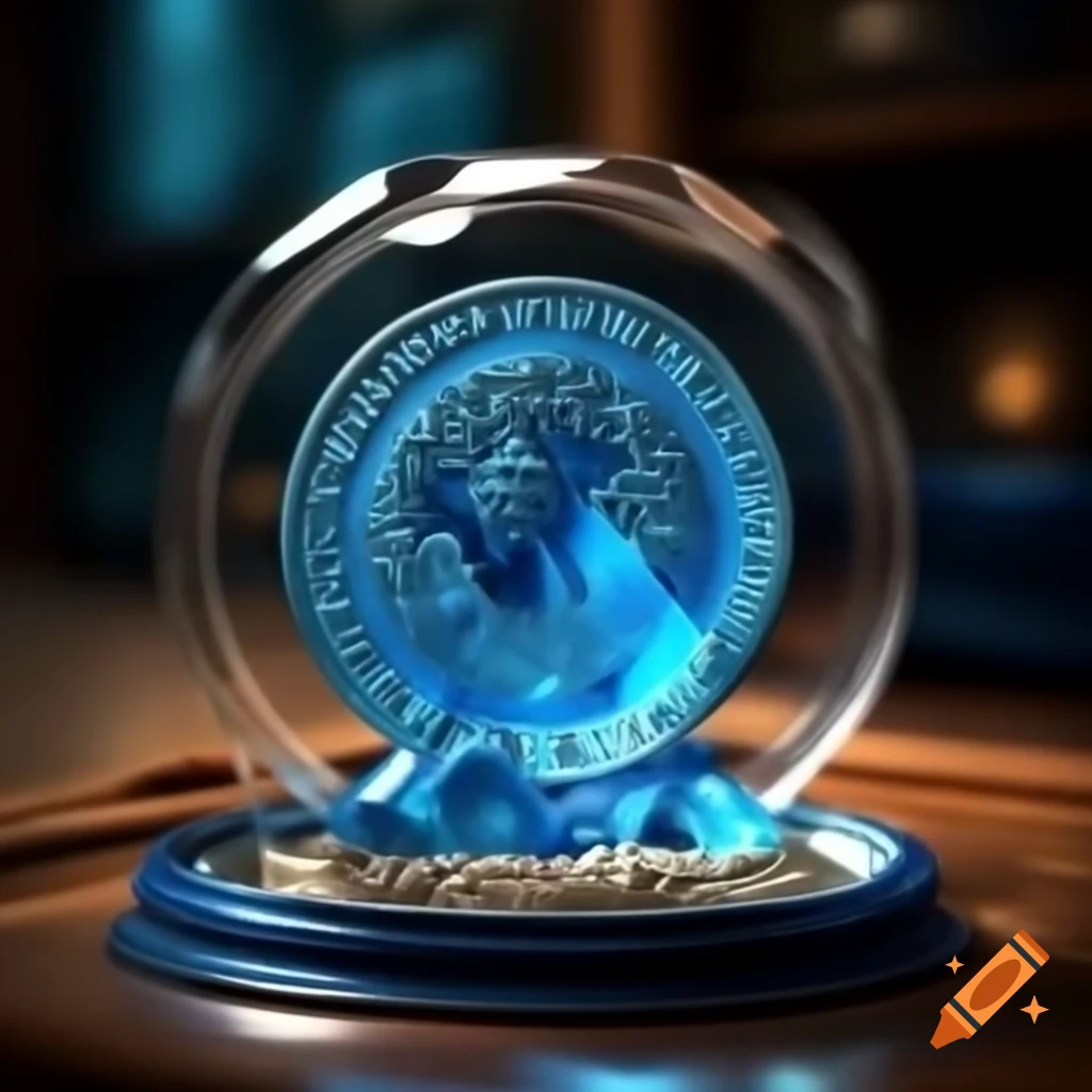 Elaborately carved blue crystalline coin in display case, photorealistic