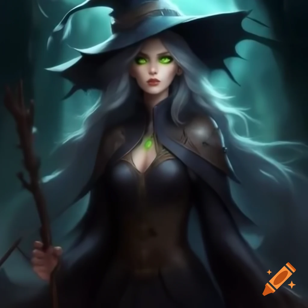 Mature witch with grey hair and glowing robe, exuding magical aura