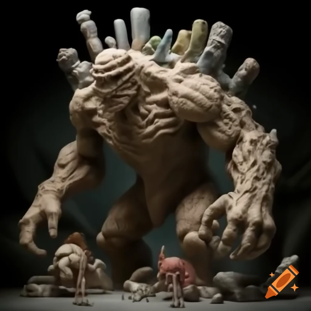 Colossal rock golem decorated with various miniature creatures on Craiyon