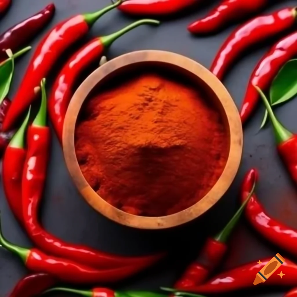 Top view of red chili powder in wooden bowl with whole red chilies, Indian style