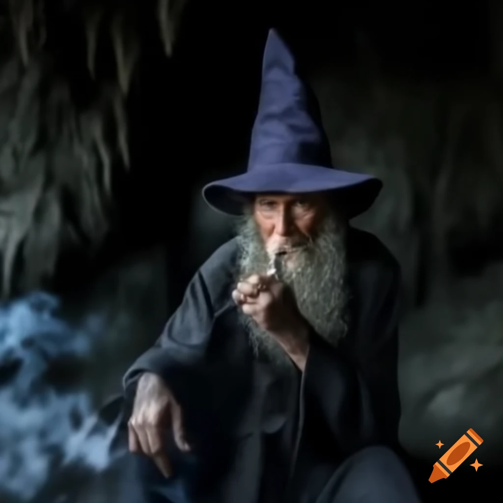 Wizard in creepy cave with smoke surrounding him