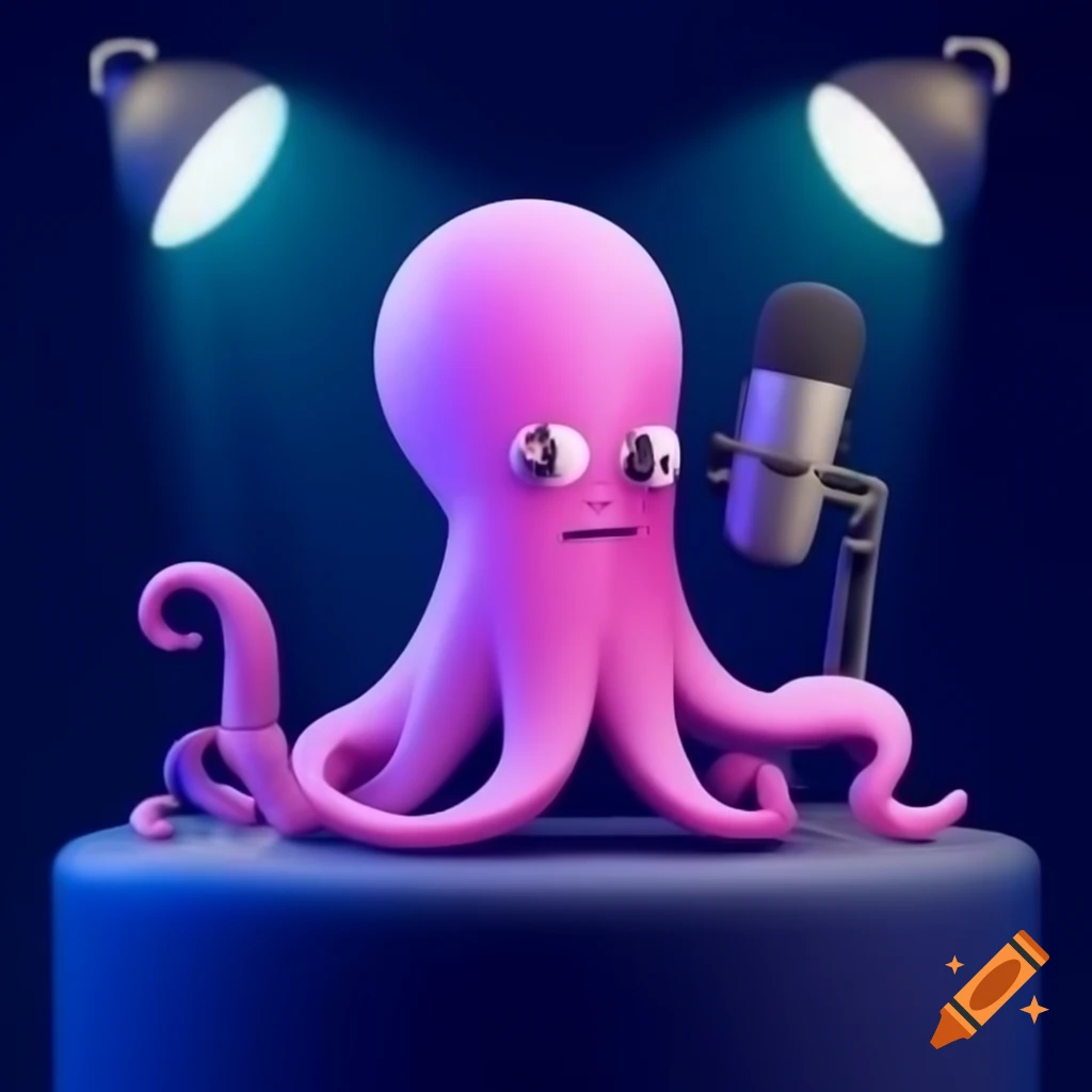 Cartoon octopus with podcast setup and microphone, featuring 'Baklol Podcast' lighting
