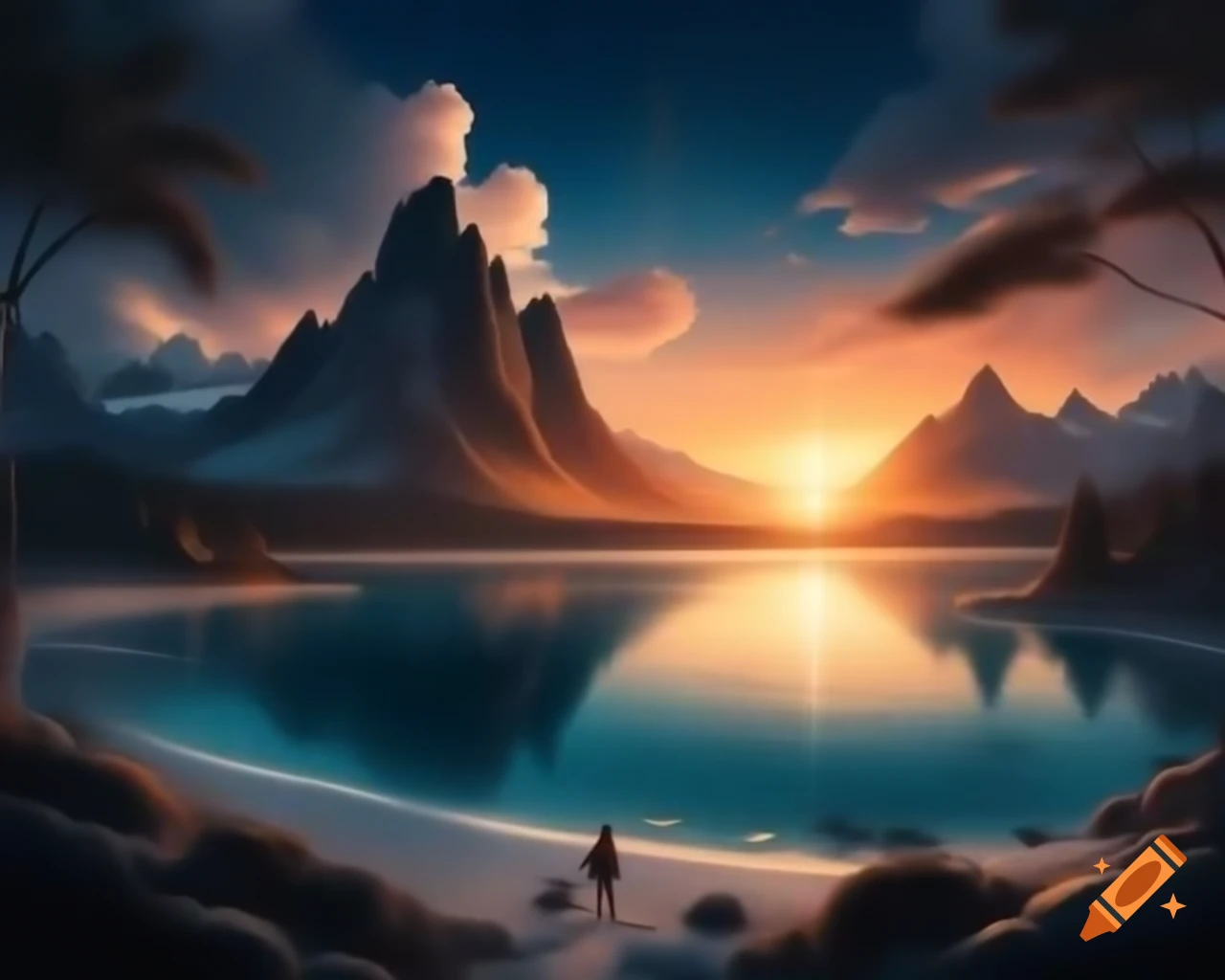 Saltwater mountain lake with white-sand beaches and palm trees at night