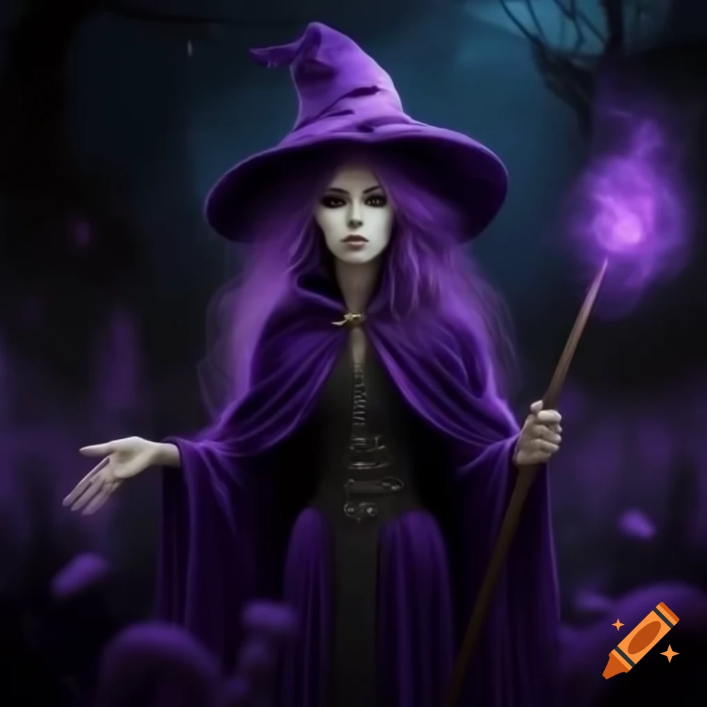 Witch in long purple velvet cloak at nighttime with astral effects, 3/4 view