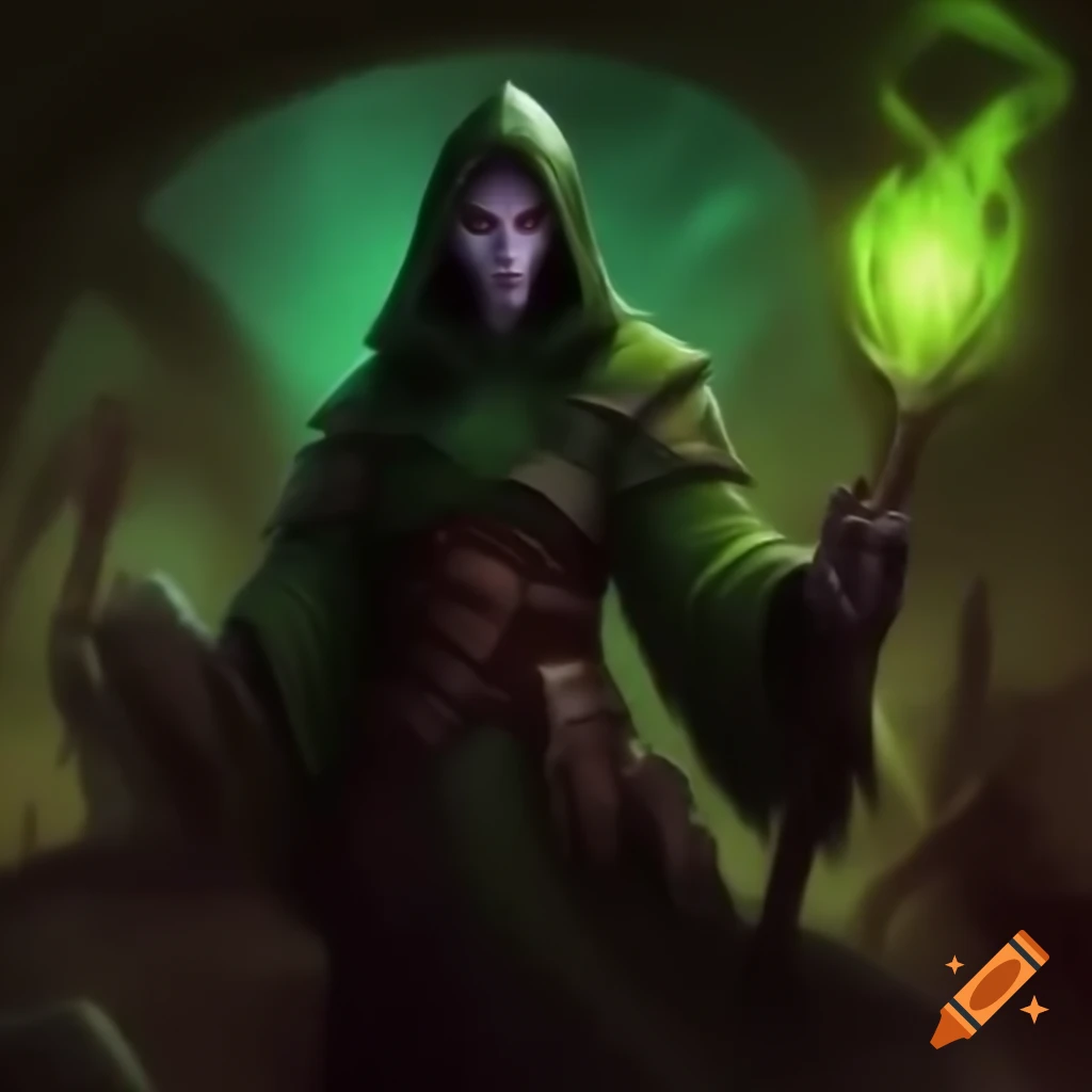 Mysterious necromancer with dark attire and magical elements
