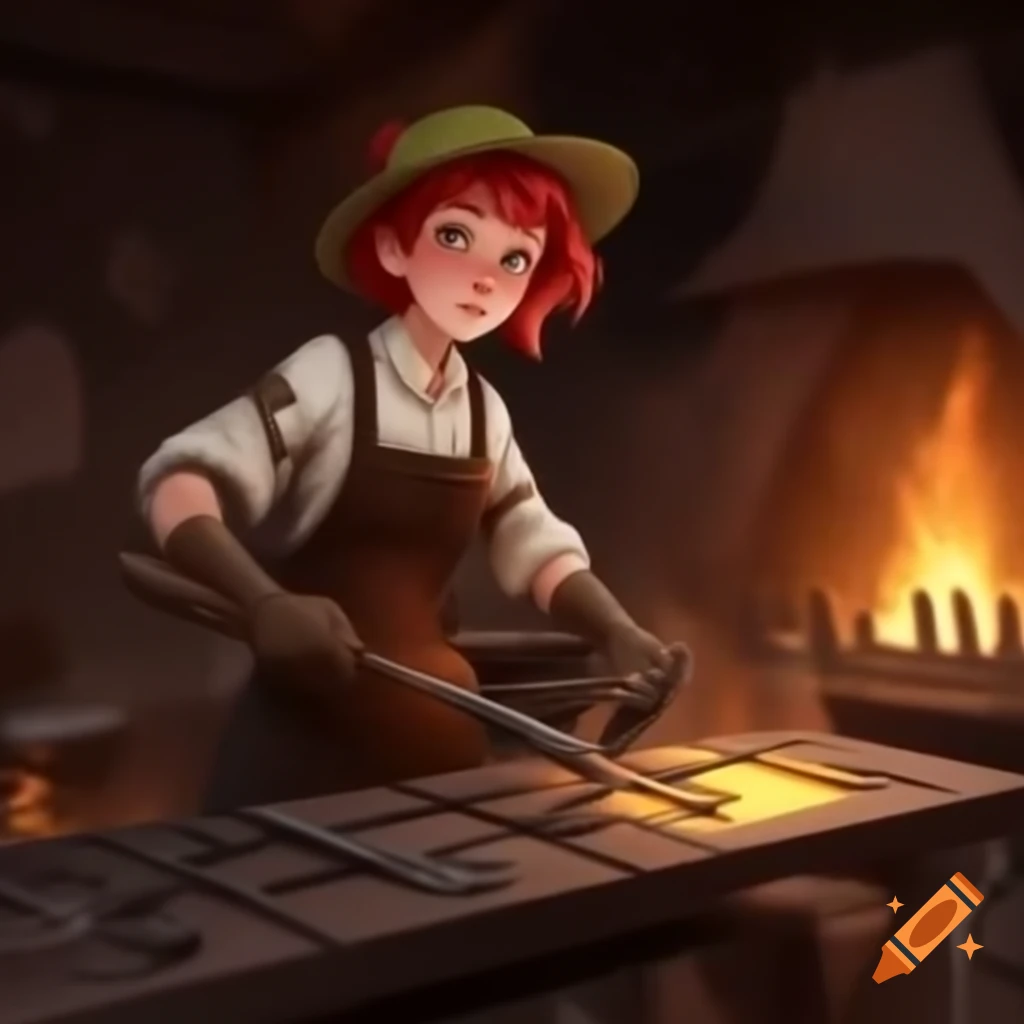 Young female blacksmith with red hair and green eyes in a lit forge
