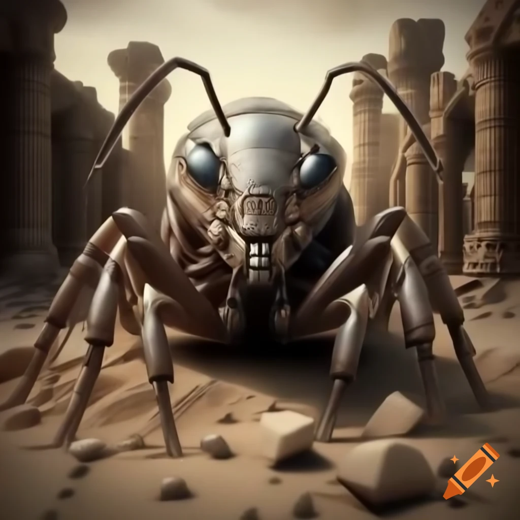 Ultra-realistic 3D view of giant ant amidst ancient city ruins in ...