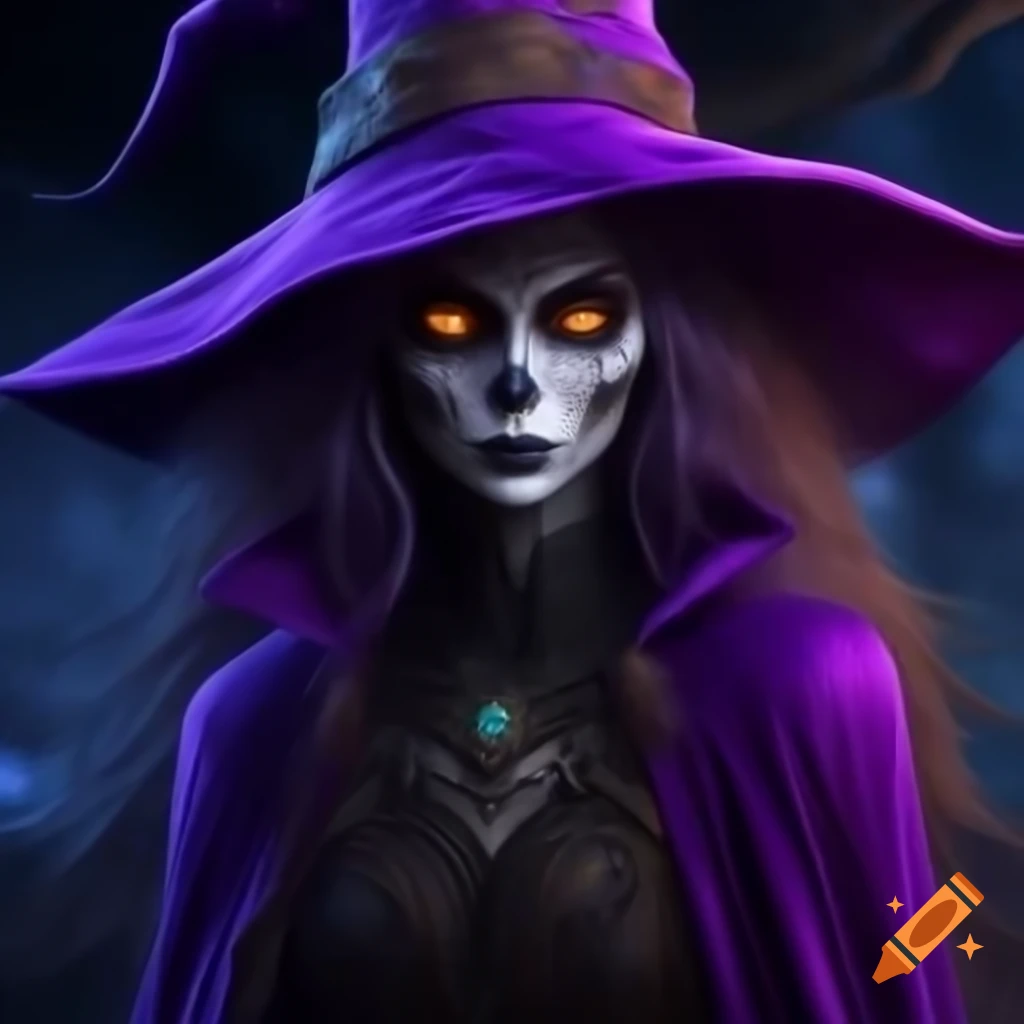 Witch in purple velvet cloak at night with astral effects