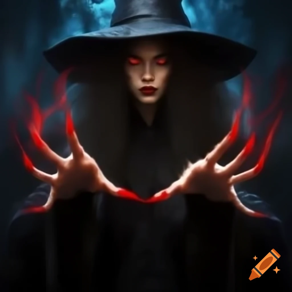 Witch casting a spell with wide open hands and long red nails