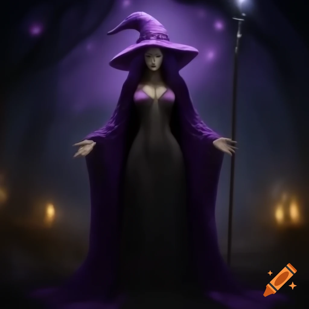 Witch in long purple velvet cloak at nighttime with astral effects, 3/4 view