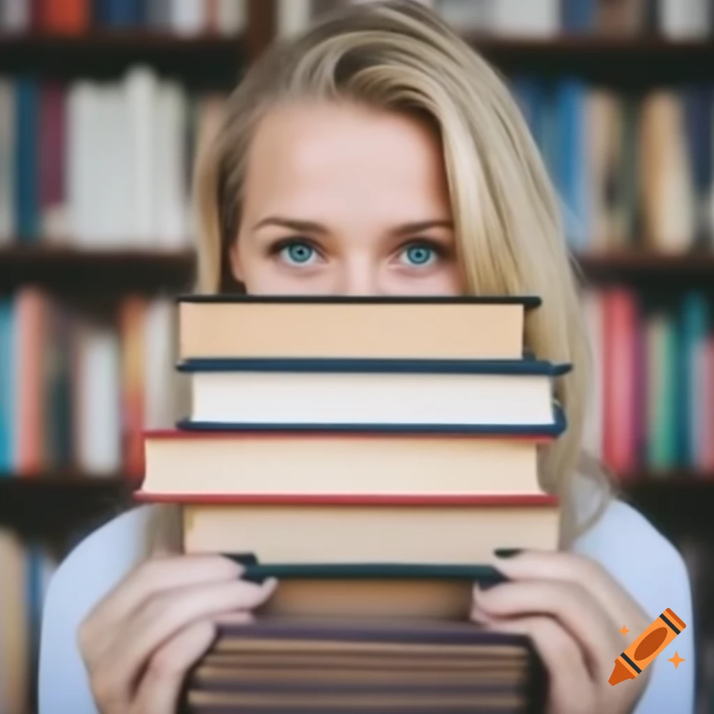 Blonde person smiling while holding books