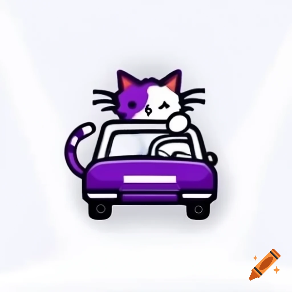 Logo of cute kitty cat driving a car in purple and black colors on Craiyon