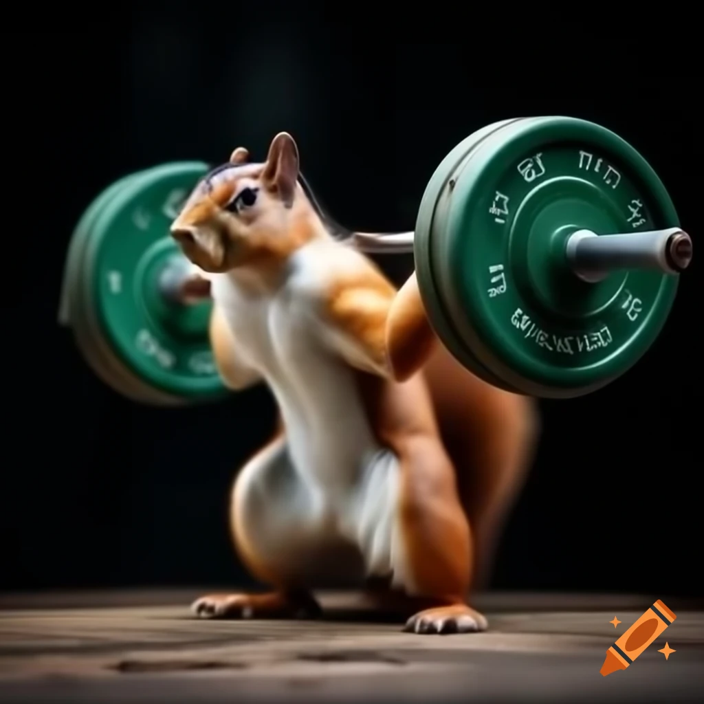 Muscular squirrel deadlifting a barbell
