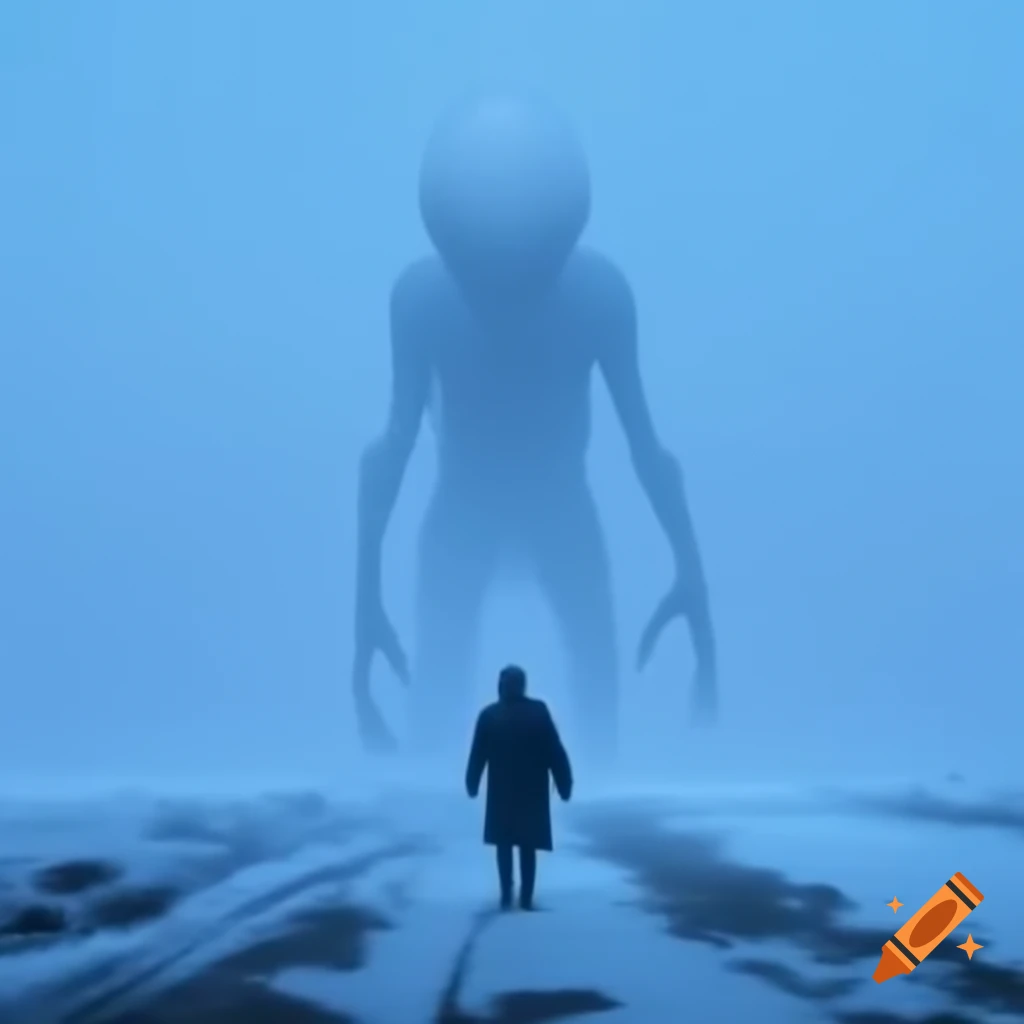 Alien silhouette walking in heavy snowfall on foggy winter morning on ...
