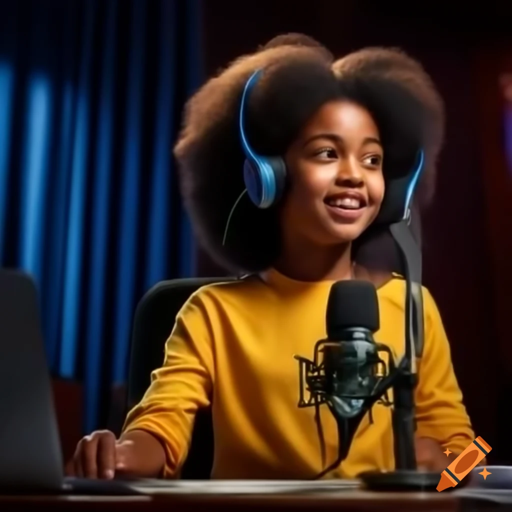 African-American girl with Afro speaking into microphone at desk, hosting radio show