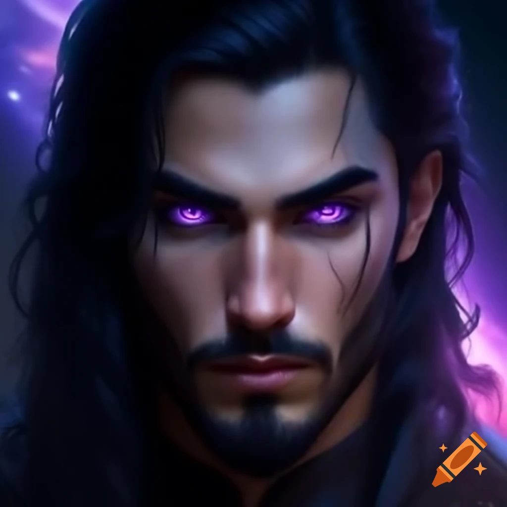 Handsome man with long black hair and purple galaxy eyes on Craiyon