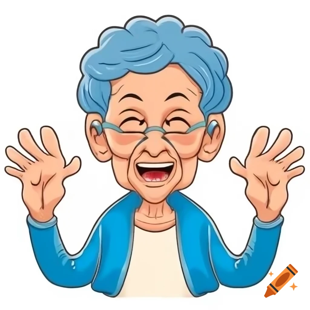 Old woman with blue hair waving a flag and laughing