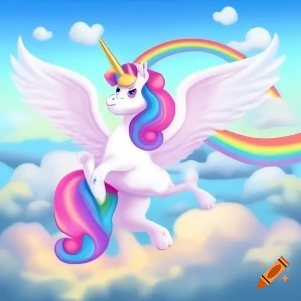Unicorn with wings flying over rainbow in bright sky on Craiyon
