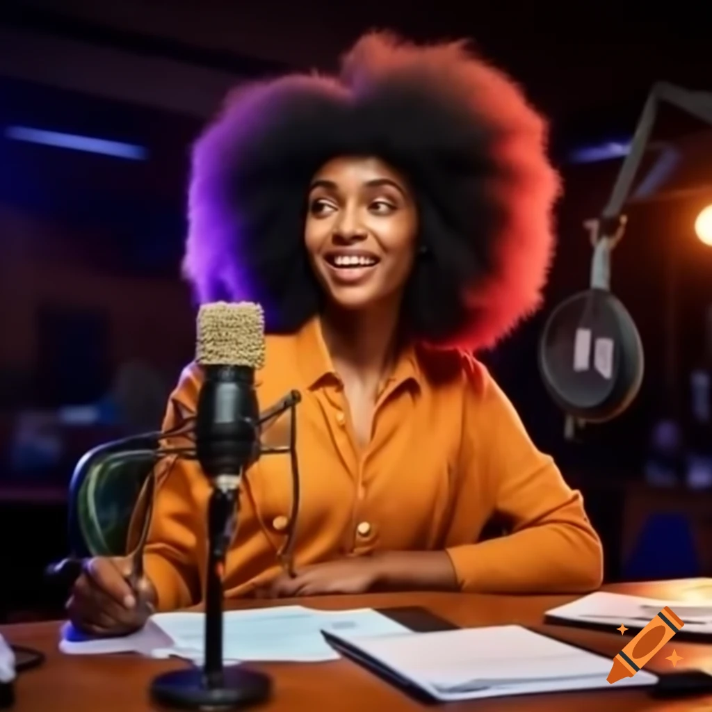 African-American girl with Afro speaking into microphone at desk, hosting radio show