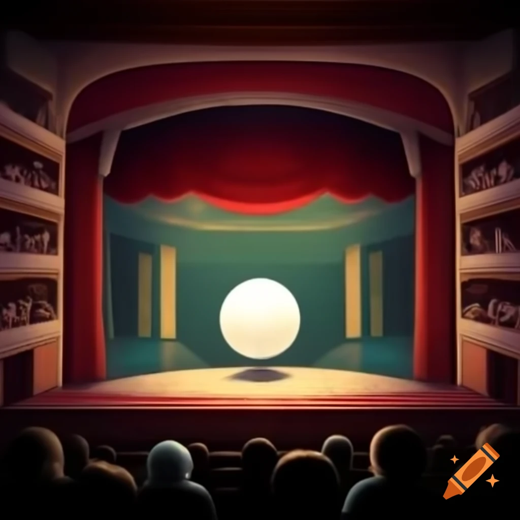 Cartoon of traditional theatre stage with white sphere and audience