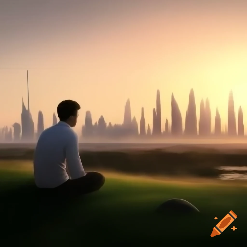 Young man sitting on grass looking at Abu Dhabi skyline during sunset