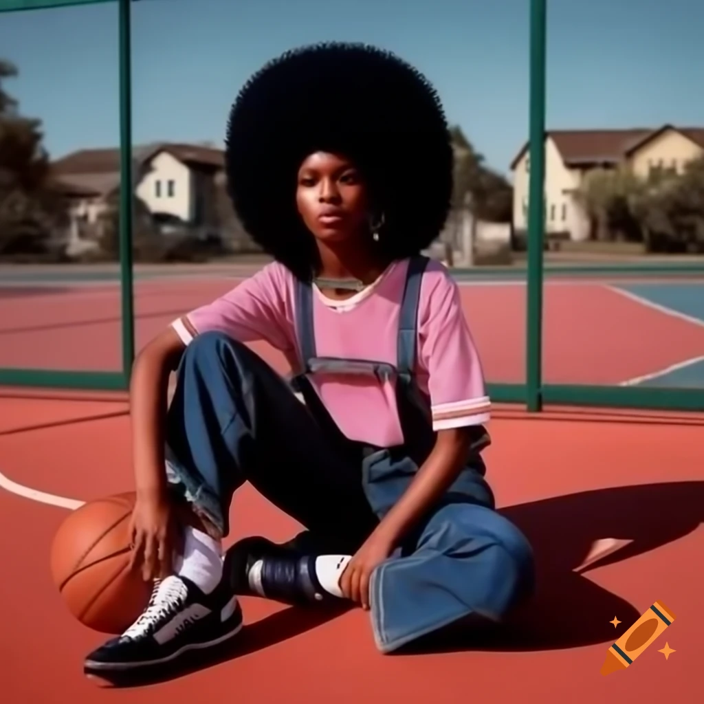 Stylish young Black woman with afro hairstyle on outdoor basketball court in 1970s retro style