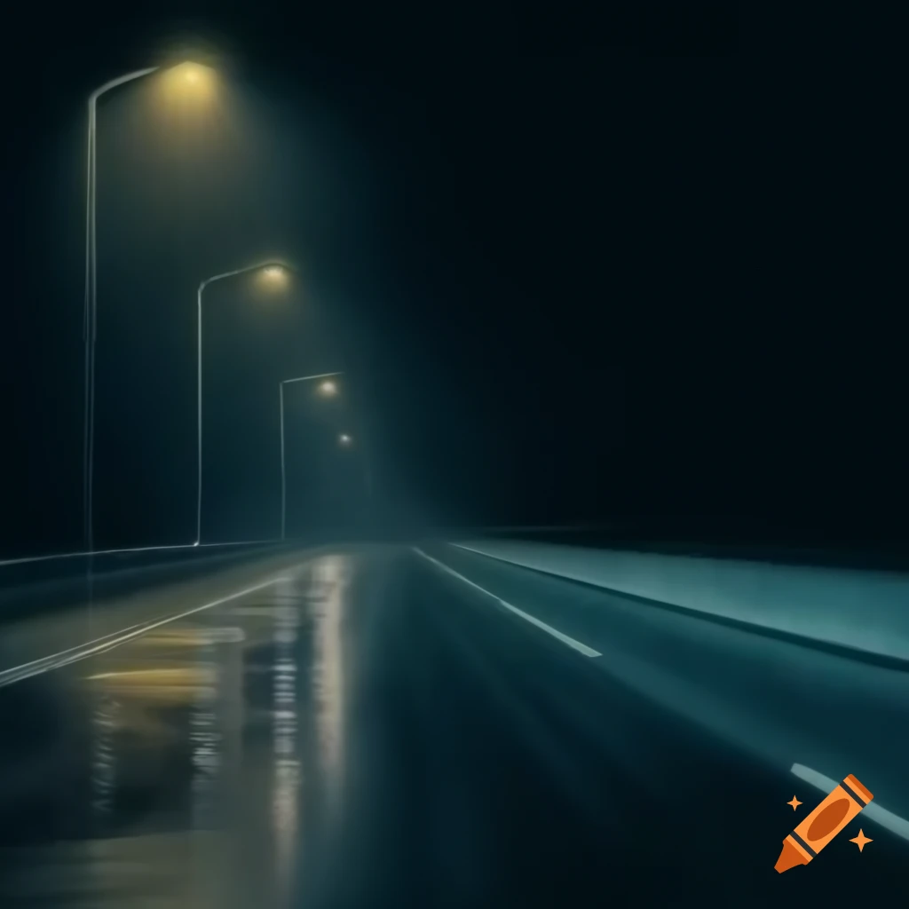 Cinematic comic book illustration of rainy night on deserted highway with fog