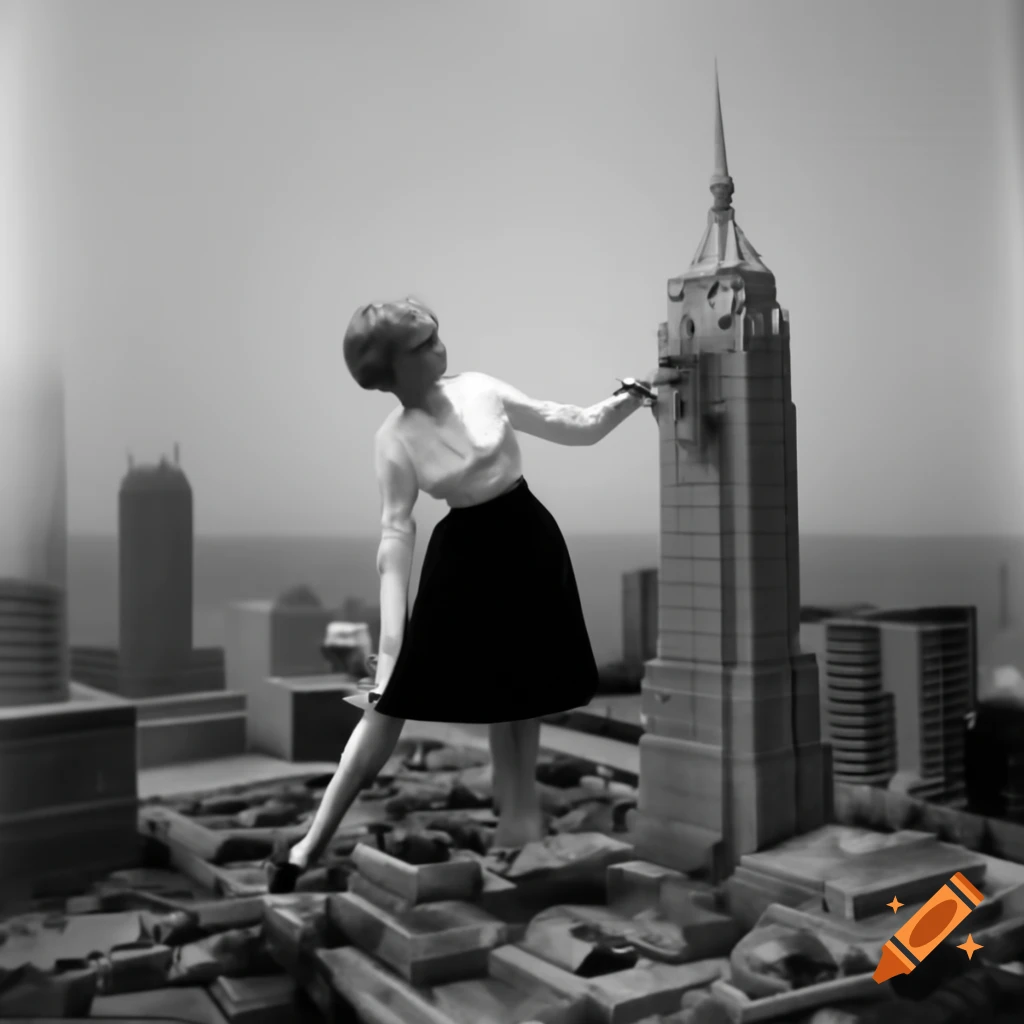Tall woman in black miniskirt and white blouse looking at miniature skyscraper in model city
