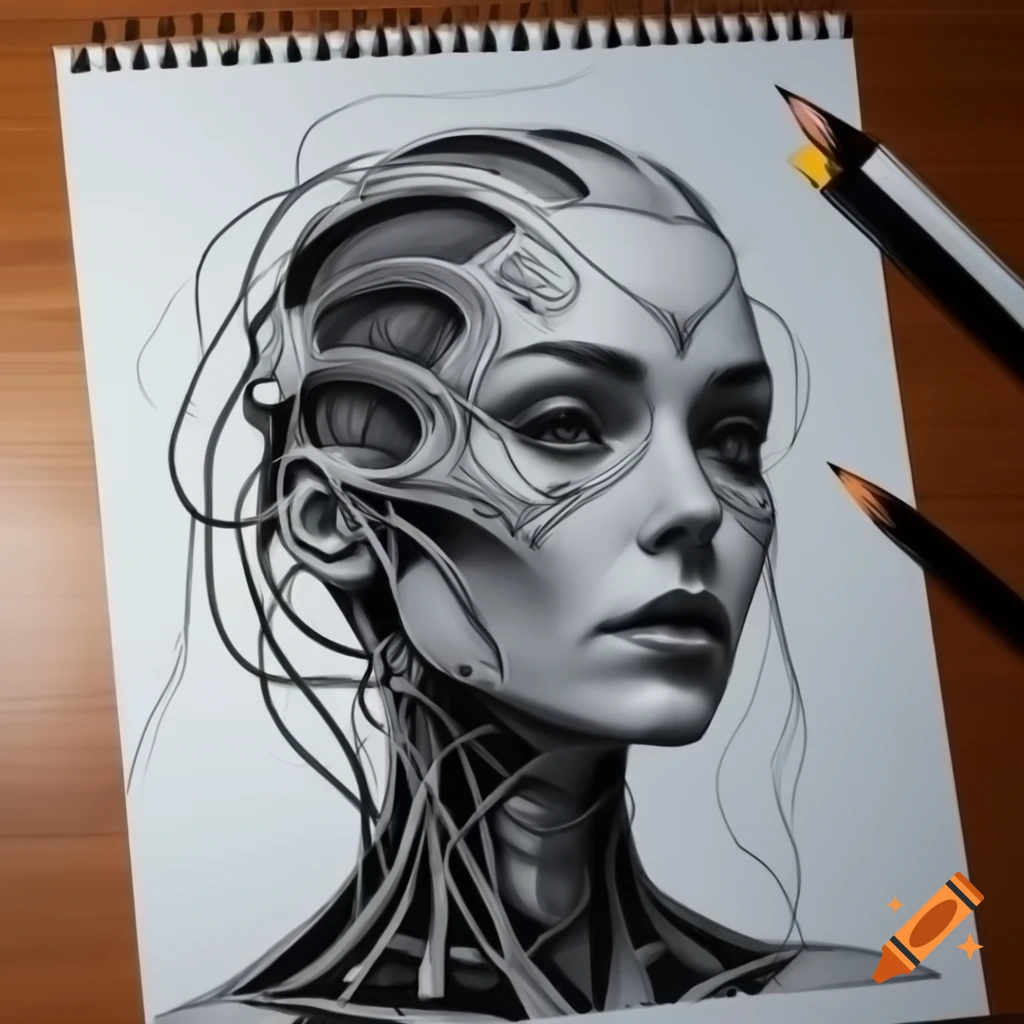 AI drawing with pencil, creative technology scene